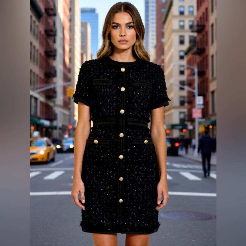 Elegant Black Tweed Dress with Gold Accents Size 4